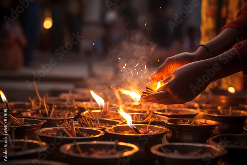 A solemn picture of a person lighting incense at a temple as an offering during a religious ritual Generative AI