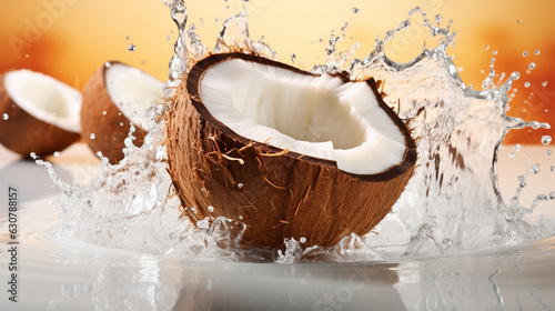 halves of a coconut with water splash isolated on background, Healthy tropical food.
