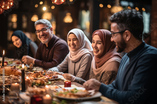 A picture of families gathering for a religious holiday feast, sharing food and laughter in celebration Generative AI