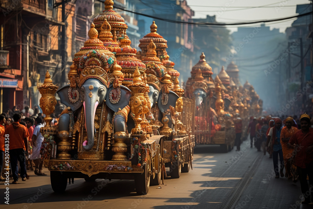 An artwork depicting a grand procession with religious idols and chariots carried through the streets during a festive parade Generative AI