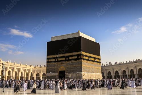 An artwork depicting people circling the Kaaba during the Hajj pilgrimage in Mecca Generative AI photo