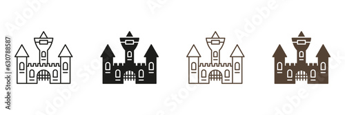Vampire Dracula Castle Line and Silhouette Icon Set. Scary Dark Old Building for Halloween Celebration Black and Color Symbols. Gothic Spooky House Pictogram. Isolated Vector Illustration