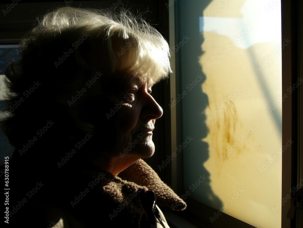 Fototapeta premium An elderly woman enjoying the view from her walker the sun shining through her window and the wind gently blowing on her face..