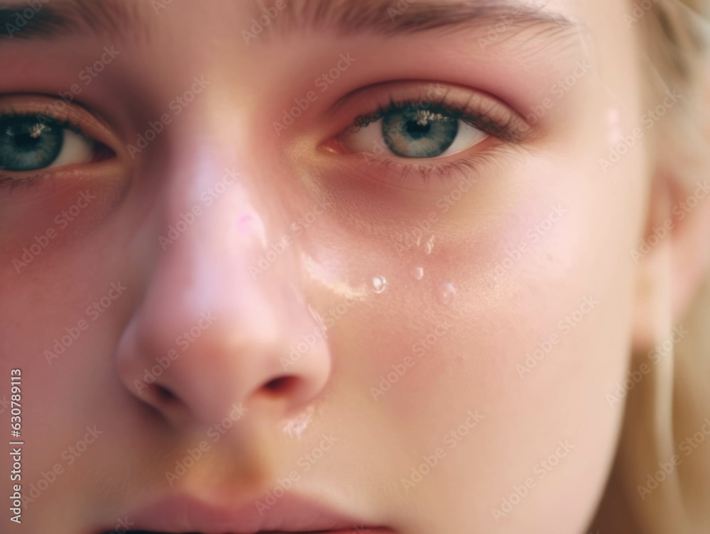 Fototapeta premium A victim of cyberbullying with tears in their eyes their face contorted with sadness..