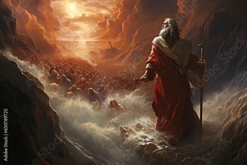 A commanding illustration of Moses parting the Red Sea, leading the Israelites to safety Generative AI