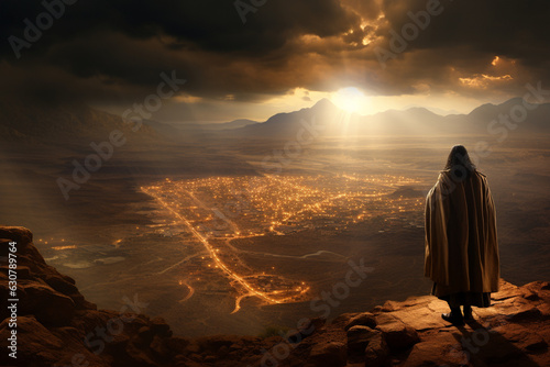 A powerful image of Moses receiving the Ten Commandments from God on Mount Sinai, shrouded in divine light Generative AI