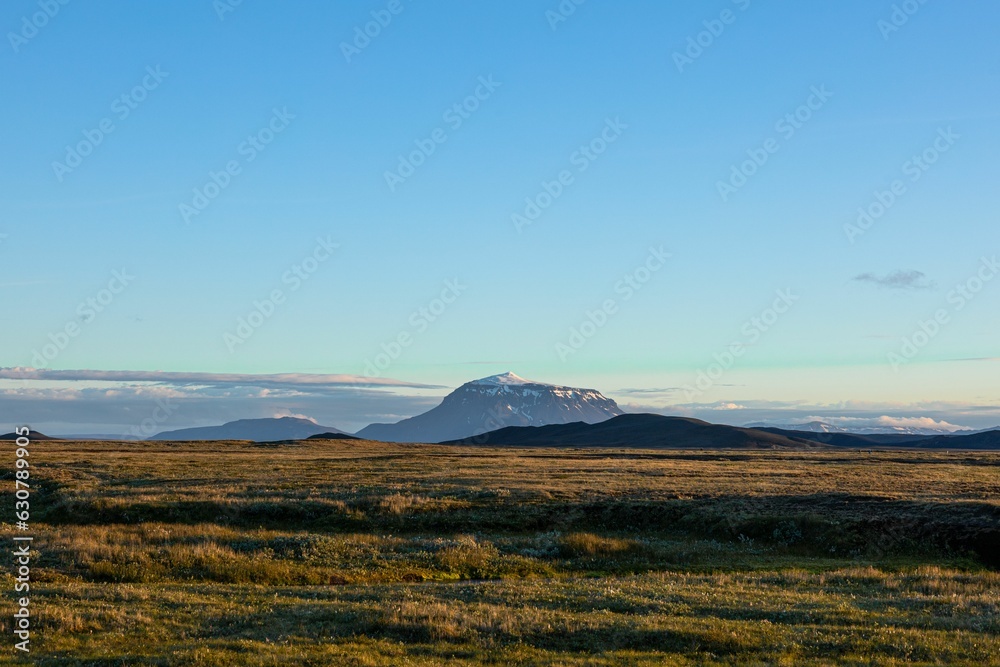 Green grass and tall mountains in the campsite in Iceland, Modrudalur-Fjalladyrd