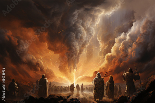 A steadfast illustration of Moses leading the Israelites through the wilderness, with a pillar of cloud and fire guiding their way Generative AI photo