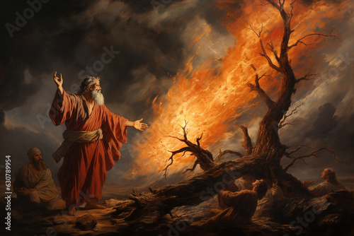 A reverent portrayal of Moses' encounter with the burning bush, a sacred moment of divine revelation Generative AI