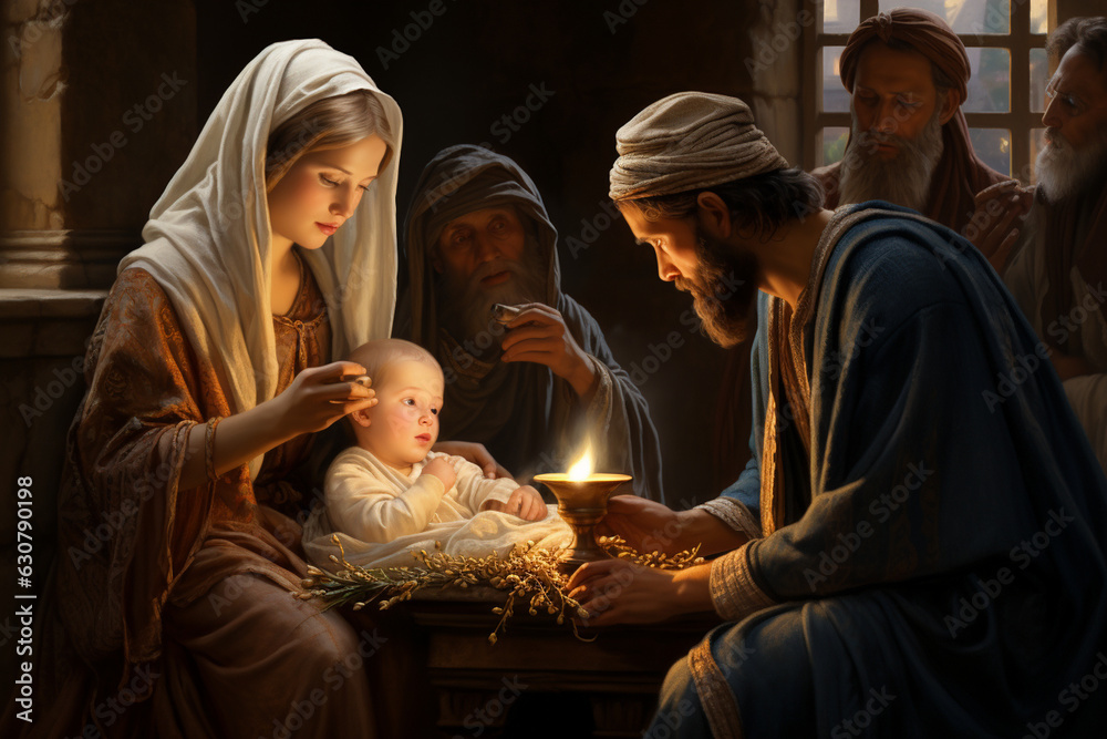 A joyful image of Mary and Joseph presenting the infant Jesus in the temple, offering thanks and dedication Generative AI A joyful image of Mary and Joseph presenting the infant Jesus in the temple, offering thanks and dedication Generative AI