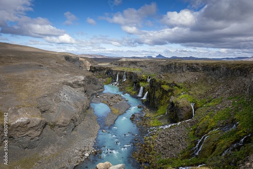 Scenic landscape of a deep Sigoldugljufur canyon, on the road heading to Icelandic Highlands photo