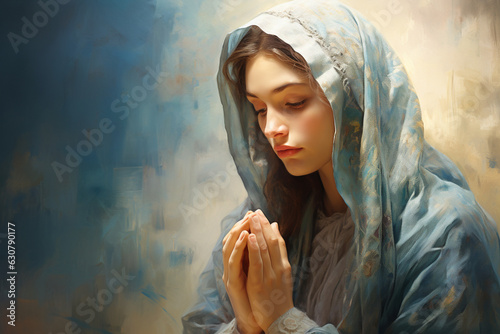 A peaceful illustration of Mary in prayer and contemplation, embodying faith and devotion Generative AI photo