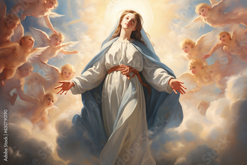 Fototapeta A solemn depiction of Mary's assumption into heaven, ascending to be with her so