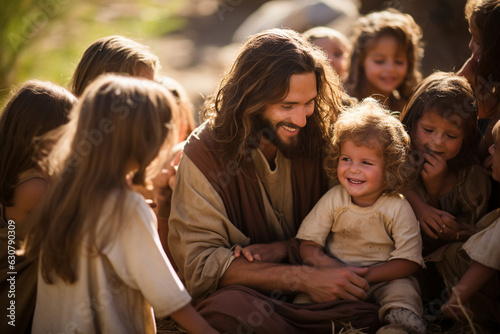 A heartwarming portrayal of Jesus with children gathered around him, embracing them with warmth and tenderness Generative AI