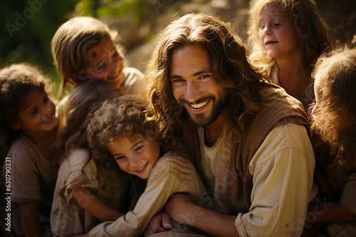 A heartwarming portrayal of Jesus with children gathered around him, embracing them with warmth and tenderness Generative AI