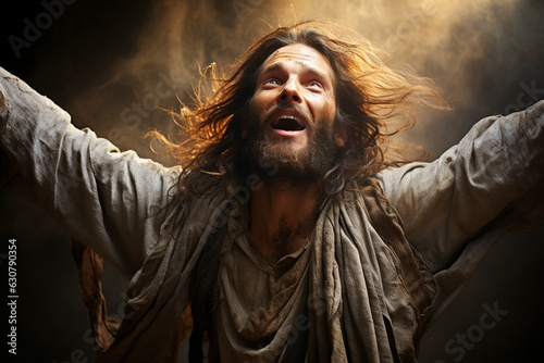 A triumphant image of Jesus resurrected, emerging from the tomb, symbolizing victory over death Generative AI