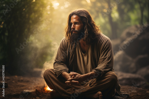 A contemplative picture of Jesus meditating in solitude, seeking spiritual connection with God Generative AI