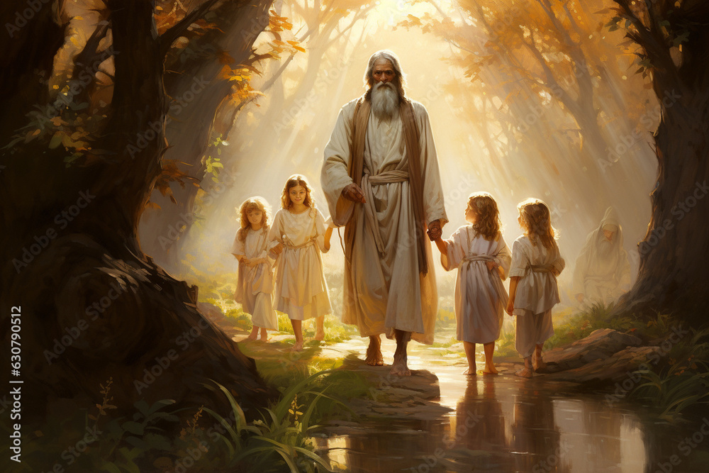A serene image of Abraham leading his family on a journey of faith and obedience, guided by divine providence Generative AI