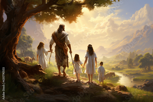 A serene image of Abraham leading his family on a journey of faith and obedience, guided by divine providence Generative AI