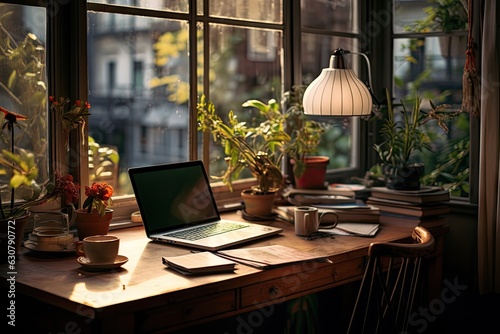 desk with plants and lamps in old town Generative AI
