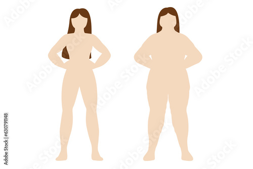 Fat and slim woman silhouette. Weight loss. Before and after. Body mass index vector illustration. Obese woman and man silhouettes. Person with overweight. Female body with different weight.