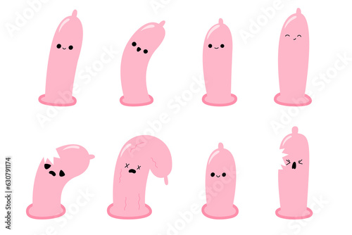Condom cartoon character set. Cartoon condoms. Safe sex, contraception. Cute kawaii emoji preservative. Vector illustration set isolation on a white background.