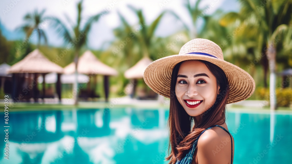 asian woman on domestic vacation in tropical hotel on an island or fictional, hotel complex with swimming pool, wears bikini and sun hat, stands in front of the water, palm trees and huts,
