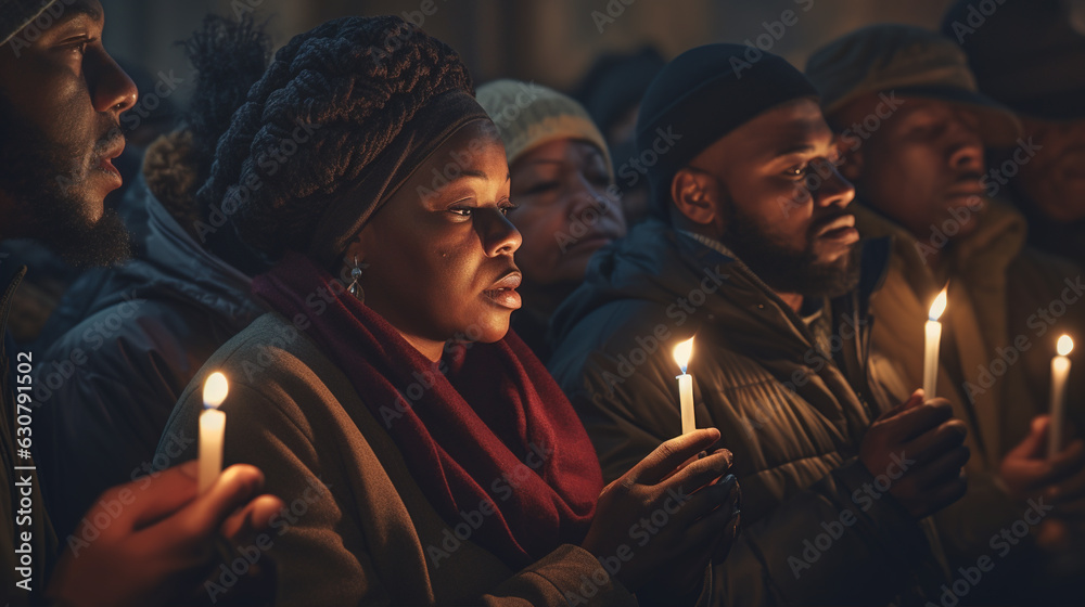 Candlelight Vigil: A touching scene of an African Black community holding a candlelight vigil on Christmas Eve, symbolizing hope and unity