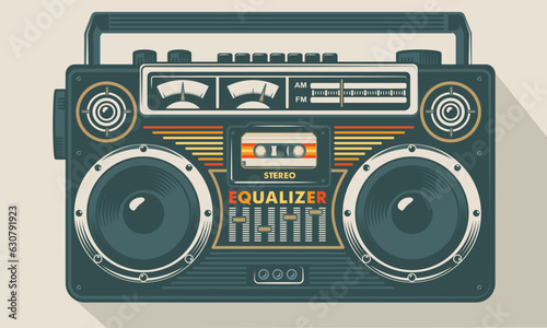 Retro portable stereo radio cassette recorder. Vector illustration. Soft green boombox, cassette tape, art image illustration, isolated on beige background, old mix tape vintage retro cassette design