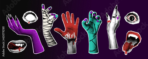 Halloween set of hands zombie, mummy, witch, monster and bloody hand. Vampire mouths, eyes. Halftone collage elements for mixed media design. Vector illustration, all elements are isolated