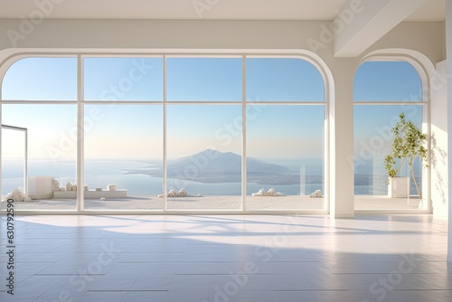 Clean and calm yoga studio with beautiful nature view. Interior design. Generative AI