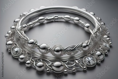 Silver necklace on a solid color background in close-up. ai generative