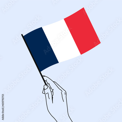 Woman hand holding France flag in her hand with line art style. France Flag. Vector illustration