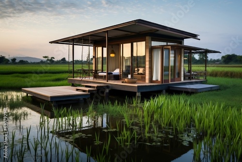 Tiny Home amidst Thai Rice Fields Generative Ai © Flowstudio