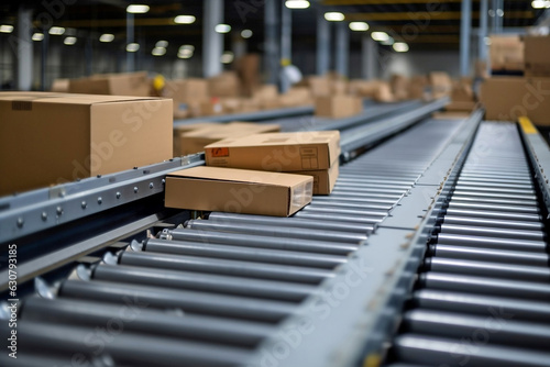 Postal cardboard box packages moving along conveyor belt in warehouse fulfillment center. 