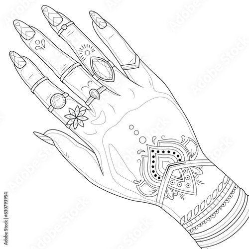 Indian woman's hand with jewelry and henna.Coloring page antistress for children and adults. Illustration isolated on white background.Zen-tangle style.