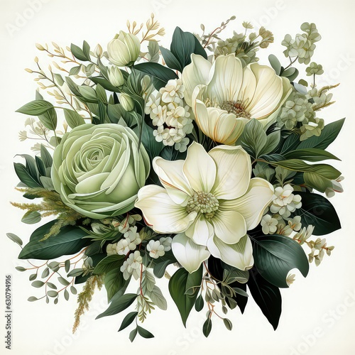 Green Bridal Bouquet with White Flowers Watercolor Clipart