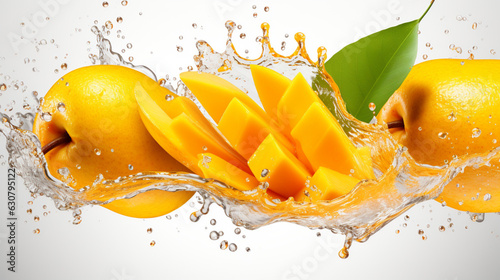 Fresh juicy mango with water splash isolated on background, healthy tropical fruit © AlexCaelus