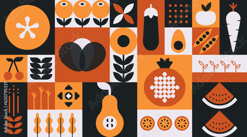 Geometric mosaic fruit banner. Natural vegetable plants simple shapes, modern brand identity package menu design. Vector background