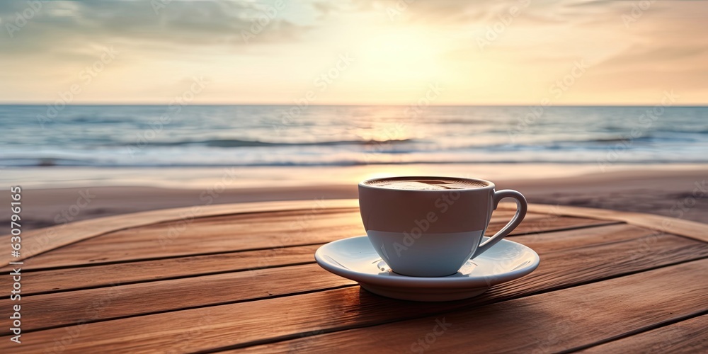 Seaside Serenity. Wooden Table with Coffee Cup on a Beach Background Seaside Serenity. Wooden Table with Coffee Cup on a Beach Background