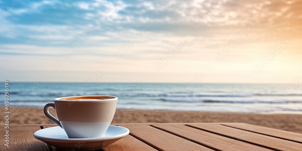 Seaside Serenity. Wooden Table with Coffee Cup on a Beach Background Seaside Serenity. Wooden Table with Coffee Cup on a Beach Background