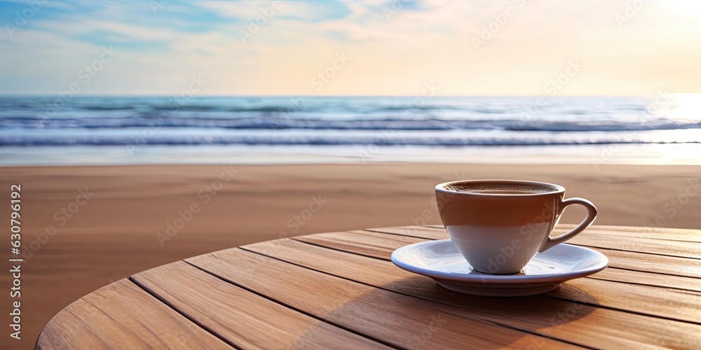 Outdoor Escape. Nature's Bliss with a Hot Coffee Cup on Wooden Table Outdoor Escape. Nature's Bliss with a Hot Coffee Cup on Wooden Table