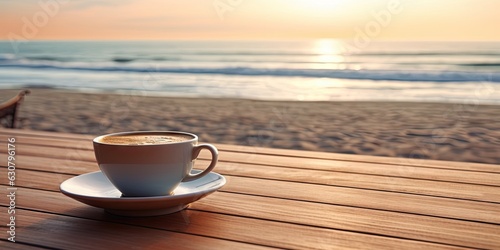 Seaside Serenity. Wooden Table with Coffee Cup on a Beach Background