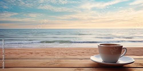 Seaside Serenity. Wooden Table with Coffee Cup on a Beach Background