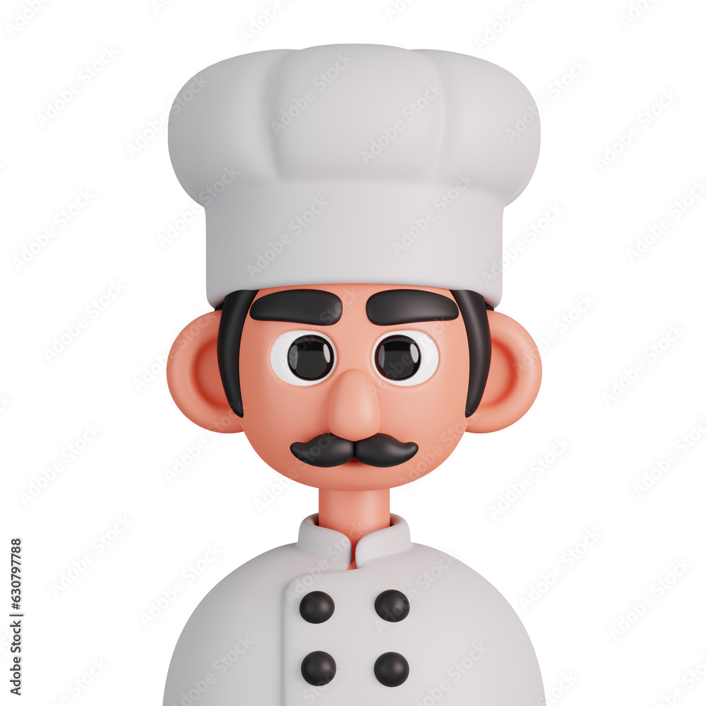 Portrait of a male chef in white uniform isolated. Essential workers avatar icons. Characters for social media, user profile, website and app. 3d Render illustration Portrait of a male chef in white uniform isolated. Essential workers avatar icons. Characters for social media, user profile, website and app. 3d Render illustration