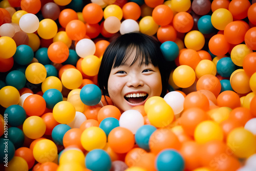 funny little kids playing in ball and enjoying time in children entertainment and play area. Smiling little baby kid girl lying on multi colored plastic balls center. Generative AI.