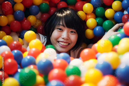 funny little kids playing in ball and enjoying time in children entertainment and play area. Smiling little baby kid girl lying on multi colored plastic balls center. Generative AI.