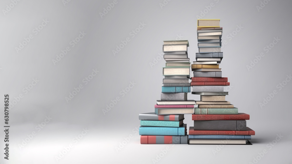 A lot of books with bright covers in piles isolated on a pastel background