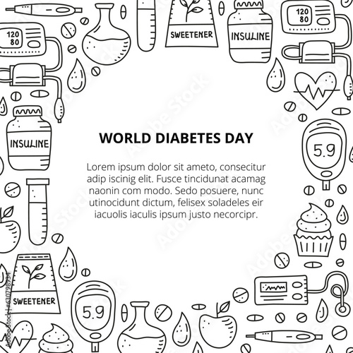 Poster with doodle outline diabetes items.