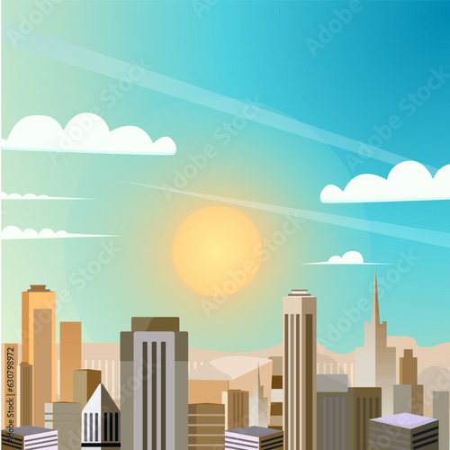 Vector illustration of a vibrant  cartoon cityscape with bright and cheerful colors